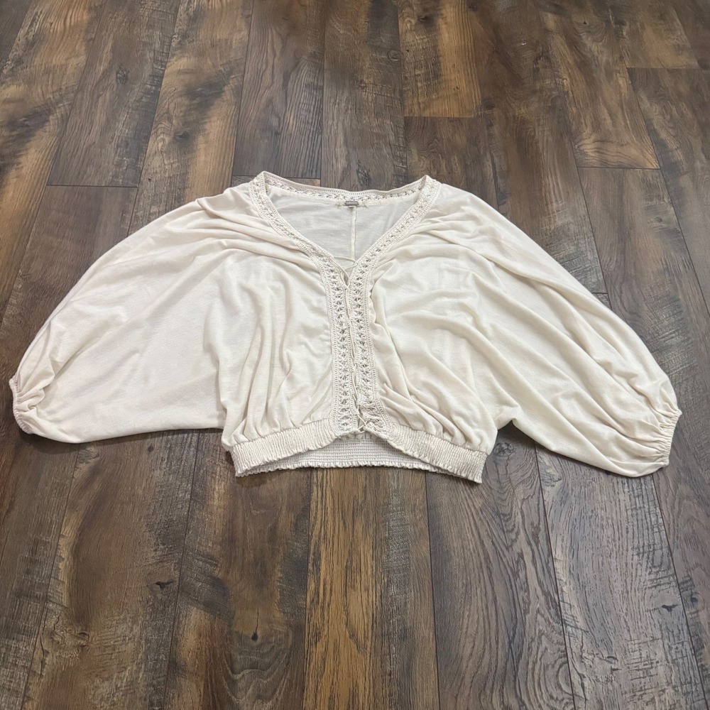Gimmicks BKE Ivory Crochet Lace Up Dolman Sleeve Smocked Top Small Cottage Boho